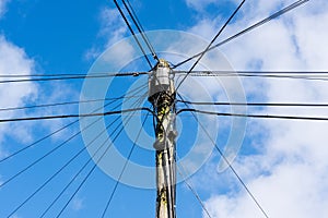 Telephone cables radiating from a telegraph pole. UK.