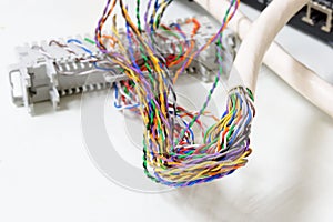 IP Telephony system, Telephone cabling patch panel with twisted pairs cables for digital and analog phone connection photo