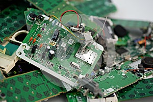 Telephone circuit board parts are being disassembled as electronic waste in the factory. electronic equipment