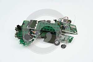 Telephone circuit board parts are being disassembled as electronic waste in the factory. electronic equipment