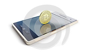 Telephone with coin bitcoin on screen on a white background 3D illustration, 3D rendering