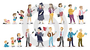 Telephone evolution. Different generations use different phone