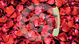 Telephone handset or receiver hanging from above on red rose petal background