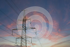 Telephone pole with cables at sunset outdoors, space for text