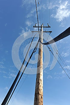 Telephone pole with wires coming to the ground