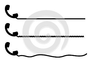 Telephone receiver with a cord. Phone handset with extension cord. Black silhouette isolated on a white background. Vector set.