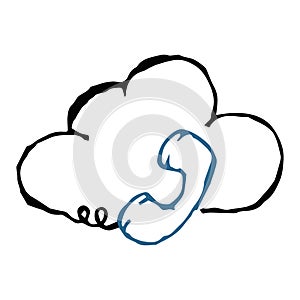 Telephone receiver with a wire on a background of a cloud. Retro handset phone. Call center. Vector illustration. Simple hand draw