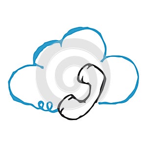 Telephone receiver with a wire on a background of a cloud. Retro handset phone. Call center. Vector illustration. Simple hand draw