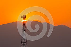 Telephone tower, radio tower during sunset. Telecommunication Tower for 2G 3G 4G 5G network, Cellular phone antenna, BTS,