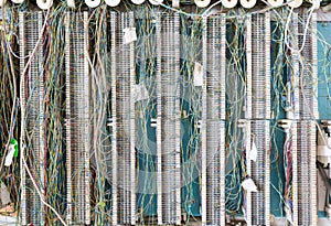 Telephone wiring panel on wall for telecoms