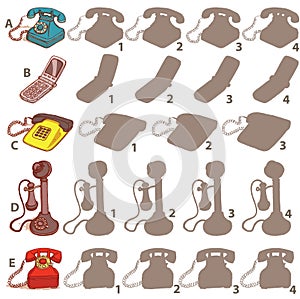 Telephones Shadow Visual Game. Solution: A1,B3,C2,D2,E4.