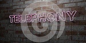 TELEPHONY - Glowing Neon Sign on stonework wall - 3D rendered royalty free stock illustration