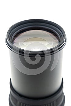 Telephoto camera lens with zoom close-up on an isolated background vertical photo