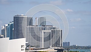 Telephoto image of bayfront condominiums and hotel buildings Miami Midtown Edgewater