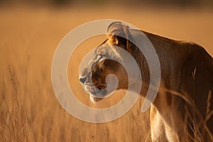 A telephoto shot of a lioness in the African savannah