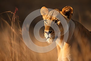 A telephoto shot of a lioness in the African savannah