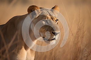 A telephoto shot of a lioness in the African savannah