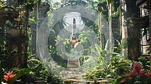 Teleport technology tested at a tropical ancient ruin, rockets and playground equipment overgrown with flora