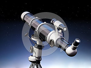 Telescope aimed at the sky on night background. 3D illustration photo