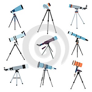 Telescope for astronomy. Optical instrument search cosmos space. Vector