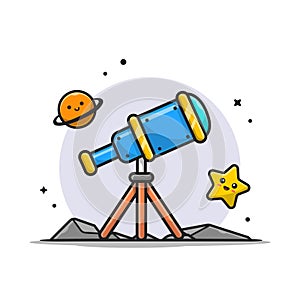 Telescope Astronomy Viewing Cute Planet and Cute Star Cartoon Vector Icon Illustration.
