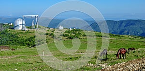 Telescope in Caucasus mountains. In the foreground horses grazing grass