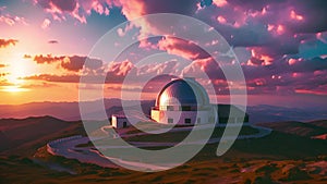 Telescope on Hill With Sunset Background