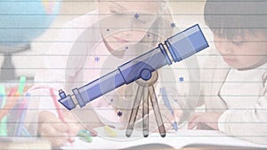 Telescope icon against school boy and girl writing in a book