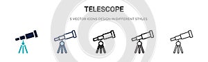 Telescope icon in filled, thin line, outline and stroke style. Vector illustration of two colored and black telescope vector icons