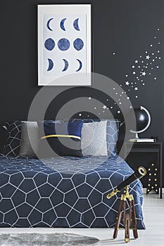 Telescope in navy blue bedroom