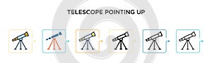 Telescope pointing up vector icon in 6 different modern styles. Black, two colored telescope pointing up icons designed in filled