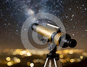 A telescope is positioned on top of a sturdy tripod