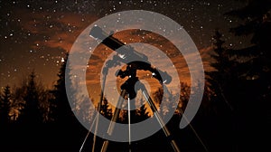 A telescope is set up on a tripod in a forest at night The sky is full of stars and the trees are silhouetted against the sky