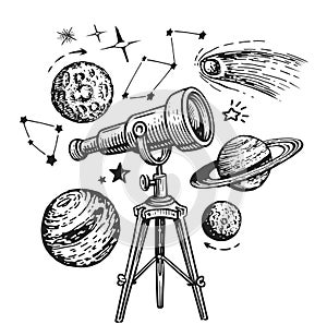 Telescope and stars, planets. Astronomy, space exploration concept. Sketch illustration vintage engraving style