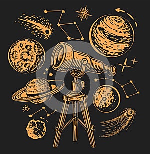 Telescope to observe planets and stars. Galaxy, outer space concept. Vector illustration