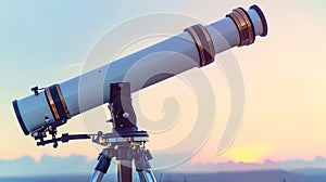 A telescope on a tripod faces a beautiful sunset in the sky