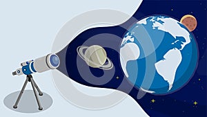 Telescope is watching Satellites on orbit around planet Earth in space. Satellite communication and GPS navigation. Cartoon vector