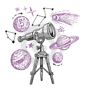 Telescope watching at the stars and planets. Astronomy, space exploration concept. Sketch vector illustration