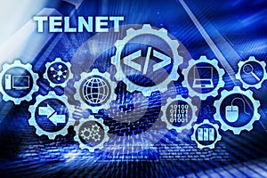 Teletype Network Protocol. Telnet Virtual terminal client. Internet and Network concept. Telnet.