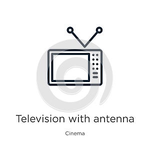 Television with antenna icon. Thin linear television with antenna outline icon isolated on white background from cinema collection