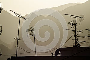 Television antennae on a rooftop