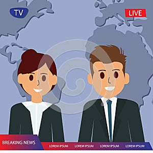 Television breaking news with couple reporter tv, broadcast headline news