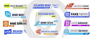 Television broadcast bar vector illustration set. Breaking news, sport review. Live show or program frame template