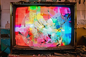 A television with a broken screen displaying colorful pixelated patterns in a room, A broken TV screen with colorful pixelated