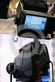 Television camera. Video camera-recording show in TV Studio-focus on camera