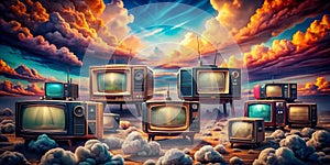 Television Dreams A Vintage Collection Amidst Vibrant Cloudscapes Generative By AI photo