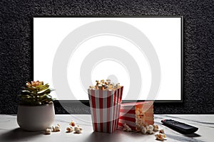 Television on a gray wall with remote control, plant and popcorn boxes on the table. White blank HD monitor mockup.