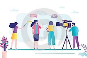 Television group create video content for tv. Female reporter interviews businesswoman. Production studio make video blog or