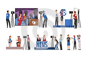 Television Industry with Talk Show with Celebrity Participants and TV News Vector Set