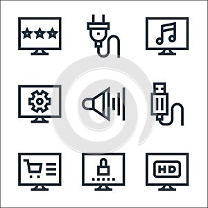 Television line icons. linear set. quality vector line set such as hdtv, password, online shopping, usb cable, volume, settings,